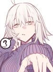  1girl ? bangs breasts fate/grand_order fate_(series) highres jeanne_d&#039;arc_(alter)_(fate) jeanne_d&#039;arc_(fate) large_breasts long_sleeves looking_at_viewer mitsurugi_sugar purple_sweater short_hair silver_hair solo spoken_question_mark sweater yellow_eyes 