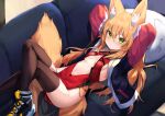 1girl animal_ear_fluff animal_ears arms_up black_footwear black_jacket blonde_hair breasts brown_legwear center_opening closed_mouth couch crossed_legs dress fox_ears fox_girl fox_tail frown green_eyes highleg jacket kitsune kokonoe_tsubaki long_hair long_sleeves looking_at_viewer lying multiple_tails navel no_bra no_panties on_back on_couch open_clothes open_jacket original pelvic_curtain red_dress revealing_clothes shoes sleeveless sleeveless_dress small_breasts sneakers solo stomach tail thigh-highs thighs two_tails v-shaped_eyebrows yoshizawa_tsubaki