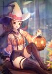  10ml 1girl brown_eyes brown_hair flower halloween hat holding long_hair looking_at_viewer lyra_(pokemon) open_mouth pokemon pokemon_(game) pokemon_hgss pumpkin smile thigh-highs twintails witch_hat 