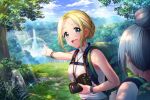  2girls backpack blonde_hair blue_eyes blush camera d4dj dress long_hair rainbow sasago_jennifer_yuka sleeveless smile sweatdrop 