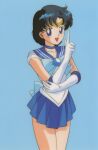  1990s_(style) 1girl bishoujo_senshi_sailor_moon blue_background blue_choker blue_eyes blue_hair blue_skirt blue_theme bow choker cowboy_shot elbow_gloves feet_out_of_frame gloves index_finger_raised leotard miniskirt mizuno_ami official_art open_mouth plaid retro_artstyle sailor_senshi short_hair simple_background skirt solo tiara 