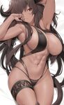  1girl abs arm_behind_head arm_up armpits bangs bed_sheet breasts brown_hair commentary cowboy_shot dakimakura_(medium) dark-skinned_female dark_skin english_commentary eyebrows_visible_through_hair highres large_breasts long_hair looking_at_viewer lying muscular muscular_female navel on_back original red_eyes solo tail tony_guisado very_long_hair 