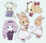  4girls :&lt; :3 :d animal_ears ayu_(mog) bell blonde_hair blue_dress blush bow bowtie dog_ears dress ear_bow ear_ornament food furry furry_female hair_bow hairband holding holding_food ice_cream long_hair looking_at_viewer multiple_girls neck_bell open_mouth original pink_hair rabbit_ears red_bow sheep_ears signature smile white_dress yellow_bow yellow_neckwear 