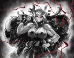 1girl artist_name aura bangs bare_arms bare_shoulders biceps breasts club_(weapon) cowboy_shot cuffs curled_horns earrings floating_hair greyscale grin hair_ornament hair_stick hakama hand_on_hip highres hoop_earrings horns japanese_clothes jewelry kanabou kimono lips long_hair looking_at_viewer monochrome muscular muscular_female one_piece oni over_shoulder red_eyes rope shackles shimenawa sideboob sleeveless sleeveless_kimono smile solo spikes spot_color the_golden_smurf v-shaped_eyebrows very_long_hair weapon weapon_over_shoulder yamato_(one_piece) 