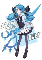  1girl ahoge alternate_costume bangs black_bow black_footwear black_legwear black_vest blue_eyes blue_hair bow bowtie drill_hair full_body gwen_(league_of_legends) hair_bow heterochromia highres holding holding_scissors holding_weapon kasa league_of_legends loafers long_hair long_sleeves pantyhose school_uniform scissors shirt shoes sidelocks skirt smile solo twin_drills twintails vest violet_eyes weapon white_shirt white_skirt 