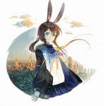  1girl absurdres amiya_(arknights) animal_ears arknights artist_name ascot bangs black_jacket blue_eyes blue_neckwear blue_skirt brown_hair building cityscape clouds commentary_request eyebrows_visible_through_hair floating_hair highres hood hood_down hooded_jacket jacket jewelry long_hair looking_at_viewer miniskirt parted_lips plaid plaid_skirt pleated_skirt ponytail rabbit_ears ring shirt signature skirt skyscraper solo soyoong_jun standing unbuttoned upper_body white_shirt 