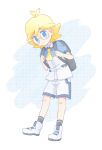  1boy ahoge akasaka_(qv92612) ascot backpack bag bangs blonde_hair blue_eyes boots clemont_(pokemon) closed_mouth commentary_request eyebrows_visible_through_hair full_body glasses grey_bag grey_legwear highres holding_strap looking_at_viewer male_focus medium_hair pokemon pokemon_(anime) pokemon_swsh_(anime) pokemon_xy_(anime) shirt short_sleeves shorts smile socks solo white_footwear white_shorts yellow_neckwear 
