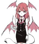  1girl bat_wings black_skirt black_vest collared_shirt cowboy_shot cup demon_tail dot_mouth eyebrows_visible_through_hair eyes_visible_through_hair hair_between_eyes head_wings holding holding_tray koakuma long_hair looking_to_the_side low_wings mozukuzu_(manukedori) necktie pointy_ears red_eyes red_neckwear redhead shirt sidelocks simple_background sketch skirt skirt_set solo tail touhou tray vest watch white_background white_shirt wings 