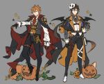  2boys ahoge alternate_costume belt belt_buckle black_gloves brown_hair buckle cape cosplay earrings full_body genshin_impact gloves grey_background hair_between_eyes halloween halloween_bucket halloween_costume hand_on_hip highres jack-o&#039;-lantern jacket jewelry long_hair long_sleeves looking_at_viewer mask mask_on_head multiple_boys necktie papajay_(jennygin2) pumpkin simple_background single_earring skull_mask tartaglia_(genshin_impact) vampire vampire_costume yellow_eyes zhongli_(genshin_impact) 