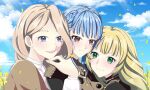  3girls :d bangs black_jacket blonde_hair blue_eyes blue_hair blue_sky blush braid brown_capelet brown_eyes brown_hair capelet clouds commentary crown_braid day english_commentary fire_emblem fire_emblem:_three_houses flower garreg_mach_monastery_uniform green_eyes hand_up highres ingrid_brandl_galatea jacket long_hair marianne_von_edmund mercedes_von_martritz multiple_girls open_mouth petals sky smile upper_body utsumi_(utsumikisa) yellow_flower 