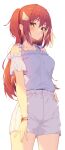  1girl absurdres bangs bare_shoulders bracelet closed_mouth collarbone frills green_eyes hand_on_hip highres jewelry jun_(aousa0328) long_hair looking_at_viewer orange_hair original short_sleeves shorts sidelocks solo standing thighs white_background white_shorts 