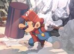  1boy arm_support blue_eyes brown_footwear brown_hair dust_cloud facial_hair from_side full_body gloves hammer hat holding holding_hammer holding_weapon hoshikuzu_pan left-handed light_rays long_sleeves male_focus mario mustache over_shoulder overalls red_headwear rock scratches serious short_hair solo super_mario_bros. superhero_landing weapon weapon_over_shoulder white_gloves 