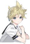  1boy aqua_eyes black_collar blonde_hair collar collared_shirt commentary cropped_torso crossed_arms headphones headset kagamine_len looking_at_viewer male_focus nail_polish naoko_(naonocoto) sailor_collar school_uniform shirt short_sleeves sketch solo spiky_hair upper_body vocaloid white_background white_shirt yellow_nails 
