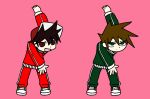  2boys black_hair blue_oak brown_hair exercise green_eyes green_jacket green_pants jacket kutabarou_ze_(vocaloid) multiple_boys pants pokemon pokemon_adventures red_(pokemon) red_eyes red_jacket red_pants serious shoes smile sneakers spiky_hair stretch track_suit user_anru8778 