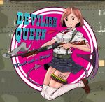  1girl absurdres aircraft airplane ammunition_belt braid breasts brown_eyes brown_hair camouflage casing_ejection daofu1911 demon_tail demon_wings earrings english_text french_braid gun hair_ornament hairclip highres holding holding_gun holding_weapon horns jewelry killmark loafers looking_at_viewer medium_breasts necktie nose_art oni original over-kneehighs pointy_ears pump_action rivets school_uniform shell_casing shoes short_hair shotgun shotgun_shell skin-covered_horns smoke smoking_gun solo strap stud_earrings tactical_clothes tail tally thigh-highs trigger_discipline weapon white_legwear wings 