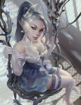  bare_shoulders blue_dress dress elbow_gloves gloves green_hair grey_eyes hair_ornament high_heels indoors league_of_legends lips looking_at_viewer olesyaspitz plant pointy_ears ponytail sitting swing thigh-highs vines white_gloves white_legwear window zyra 