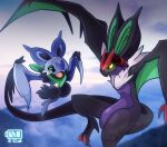  bat battery_indicator closed_mouth commentary_request day evolutionary_line eyelashes fang flying gen_6_pokemon goggles goggles_on_head green_eyes highres nikkado no_humans noibat noivern open_mouth outdoors pokemon pokemon_(creature) tongue 