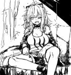  1girl animal_ears arknights bangs breasts candy choker eyebrows_visible_through_hair food greyscale halftone high_contrast jacket large_breasts lion_ears lion_tail lollipop long_hair monochrome one_eye_closed open_mouth shorts siege_(arknights) sitting sketch solo tail tank_top tearing_up twitter_username yom_(ymayma00ss) 