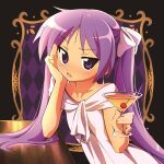  1girl bangs blush cup dress earrings elbow_rest eyebrows_visible_through_hair hair_ribbon hiiragi_kagami holding holding_cup hotaru_iori ichimi_renge jewelry long_hair looking_at_viewer lucky_star parted_lips purple_hair ribbon simple_background solo twintails upper_body violet_eyes white_dress white_ribbon 