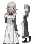  2girls bangs blush boots brown_eyes dark-skinned_female dark_skin expressionless eyebrows_visible_through_hair grey_hair hair_between_eyes highres long_hair long_sleeves looking_at_viewer maid maid_headdress multiple_girls original pointy_ears saiste simple_background smile violet_eyes white_background 