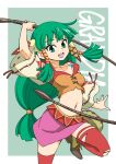  1girl breasts demi_(pixiv22036971) feena_(grandia) grandia grandia_i green_eyes green_hair hair_ornament hair_tubes jewelry long_hair looking_at_viewer low-tied_long_hair midriff navel necklace open_mouth skirt smile solo thigh-highs whip wide_sleeves 