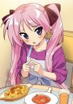  1girl alternate_costume alternate_hair_color apron bangs black_ribbon blush chair cup eyebrows_visible_through_hair food hair_ribbon highres hiiragi_kagami hotaru_iori ichimi_renge index_fingers_together long_hair looking_at_viewer lucky_star parted_lips pink_hair pink_sweater placemat plate ribbon smoke solo sweater table twintails very_long_hair violet_eyes 