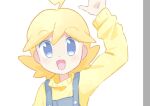  1boy :d ahoge akasaka_(qv92612) alternate_costume arm_up bangs blonde_hair clemont_(pokemon) commentary_request eyebrows_visible_through_hair grey_eyes grey_overalls looking_at_viewer male_focus medium_hair open_mouth pokemon pokemon_(game) pokemon_xy smile solo sweater tongue yellow_sweater 