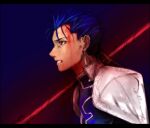  1boy bad_id cu_chulainn_(fate) cu_chulainn_(fate/stay_night) fate/stay_night fate_(series) gae_bolg_(fate) male_focus over_shoulder polearm profile puyo solo spear weapon weapon_over_shoulder 