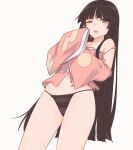  1girl ;o bangs black_hair black_panties blunt_bangs breasts collarbone commentary cowboy_shot eyebrows_visible_through_hair highres hime_cut houraisan_kaguya light_brown_eyes long_hair long_sleeves looking_at_viewer miyo_(ranthath) navel no_pants one_eye_closed panties simple_background single_bare_shoulder sleeves_past_fingers sleeves_past_wrists solo string_panties torn_clothes touhou underwear very_long_hair white_background wide_sleeves 