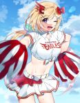  ;d aki_rosenthal bangs baseball_jersey blonde_hair blue_sky bow breasts cheerleader detached_hair hair_bow hair_ornament hairclip highres hololive large_breasts long_hair low_twintails midriff miniskirt navel nongttaeng one_eye_closed open_mouth parted_bangs pleated_skirt pom_pom_(cheerleading) shirt skirt sky smile sweat tied_shirt twintails violet_eyes virtual_youtuber white_skirt x_hair_ornament 