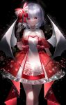  1girl absurdres alternate_costume bat_wings black_background bow bow_dress dress feet_out_of_frame gloves highres lace lace_gloves red_bow red_dress red_eyes remilia_scarlet short_hair silver_hair sleeveless sleeveless_dress smile solo touhou white_bow wings yukia_(yukia_777) 