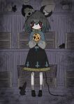  1girl animal_ears bangs blue_capelet bow bowtie box capelet closed_mouth coin commentary_request crown crystal dotaku_(wran8845) expressionless full_body grey_hair grey_skirt halloween highres holding jewelry long_sleeves looking_at_viewer mouse mouse_ears mouse_girl mouse_tail nazrin pendant red_eyes shirt short_hair signature skirt solo standing tail touhou treasure_chest white_shirt yellow_bow yellow_neckwear 