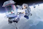 1girl absurdres ahoge astronaut bangs boots brown_eyes clouds commentary_request ddal flower gloves grey_hair hair_between_eyes highres holding looking_away original parted_lips red_flower red_rose rose shoe_soles solo space space_helmet spacesuit star_(sky) white_footwear white_gloves 