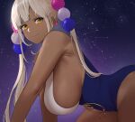  1girl all_fours armpits bangs bare_shoulders blonde_hair blue_leotard blunt_bangs breasts commentary constellation dark-skinned_female dark_skin dobure18 eyebrows_visible_through_hair hair_ornament highres hololive hololive_english huge_breasts leotard long_hair looking_at_viewer night night_sky planet_hair_ornament seductive_smile sideboob sky smile solo star_(sky) starry_sky tsukumo_sana twintails underbust very_long_hair virtual_youtuber yellow_eyes 