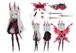  1girl absurdres bow bowtie butterfly_wings cape character_name character_sheet colored_skin commentary evil_(okame_nin) fewer_digits hand_on_hip highres horns long_hair looking_at_viewer multiple_horns multiple_views no_feet okame_nin original pantyhose red_bow red_cape red_eyes red_legwear red_neckwear red_wings simple_background sword weapon white_background white_hair white_skin wings 