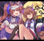  2girls agnes_tachyon_(umamusume) ahoge alternate_costume animal_ears bandaged_arm bandaged_hand bandaged_head bandages bangs bare_tree belt black_jacket black_legwear black_shorts blush breasts brooch brown_hair center_frills choker commentary_request daiwa_scarlet_(umamusume) eyeball eyebrows_visible_through_hair fang flower frills full_moon hair_between_eyes hair_flower hair_intakes hair_ornament highres horse_ears jacket jewelry letterboxed long_hair looking_at_viewer medium_breasts moon multiple_girls navel open_mouth orange_eyes pink_flower pink_rose purple_flower purple_rose purple_skirt raised_eyebrow red_eyes rose shaka_(staito0515) shirt shorts sitting skin_fang skirt sleeves_past_wrists smile stitches torn_clothes torn_legwear tree twintails umamusume white_shirt 