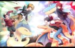  ahoge ball baseball_cap battle black_hair blue_eyes brown_hair charizard coat explosion feraligatr fingerless_gloves gloves gold_(pokemon) green_eyes grin hat highres holding holding_poke_ball hoodie jacket jeans jewelry jumping letterboxed mao_(core) multiple_boys necklace ookido_green ookido_green_(hgss) open_mouth poke_ball pokemon pokemon_(game) pokemon_gsc poking popped_collar red_(pokemon) red_(pokemon)_(classic) red_eyes red_hair running short_hair silver_(pokemon) silver_(pokemon)_(remake) smile typhlosion tyranitar 