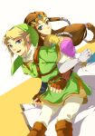  1girl back-to-back back_to_back blonde_hair blue_eyes brown_hair couple earrings elbow_gloves gloves jewelry link long_hair muse_(rainforest) nintendo pointy_ears princess_zelda smile the_legend_of_zelda tiara twilight_princess 