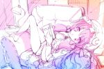  barefoot blush book bottomless chair crescent gradient hat legs lucie lying monochrome open_clothes open_mouth open_shirt panties patchouli_knowledge purple purple_eyes purple_hair reading shirt sketch touhou underwear violet_eyes 