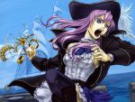  blue_eyes hat jewelry kushizukino_ayame long_hair open_mouth pirate_hat purple_hair purple_leia ship skirt solo thigh-highs thighhighs uvula water 