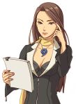  badge bra breasts brown_hair capcom cleavage earrings gyakuten_saiban jewelry kobashi lingerie lowres magatama mole necklace paper scarf underwear 