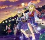  bad_id barefoot blonde_hair brown_eyes brown_hair cat_ears cat_tail chen feet feet_in_water fox_tail hat hidebo long_hair monster multiple_tails purple_eyes short_hair soaking_feet sunset tail touhou violet_eyes water yakumo_ran yakumo_yukari yellow_eyes 