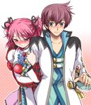  1girl arm_hug asbel_lhant blush brown_eyes cheria_barnes couple embarrassed kurimomo pink_hair sword tales_of_(series) tales_of_graces two_side_up weapon 