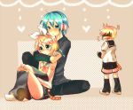  aqua_hair bad_id blonde_hair blush genderswap hair_ornament hair_ribbon hairclip hatsune_mikuo headphones headset hug kagamine_len kagamine_rin ribbon short_hair shorts sitting surprise surprised vocaloid 