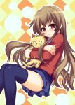  brown_eyes brown_hair hug hug_from_behind long_hair palmtop_tiger school_uniform stuffed_animal stuffed_toy thigh-highs thighhighs tiger toradora! uni_keitai 