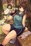 age_difference bike_shorts breasts brown_hair dog green_eyes hat large_breasts legs long_hair multiple_girls nature original ponytail puppy shoes sitting skirt sneakers towel water_bottle xration 