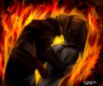  claire_redfield fire flames kiss leon_s_kennedy love resident_evil resident_evil_2 