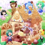  6+girls :&lt; :3 :d animal_ears antennae black_hair blonde_hair blue_eyes blue_hair blush_stickers brown_hair candy cape carrot cat_ears checkerboard_cookie chen chibi chocolate cirno closed_eyes cookie daiyousei dress drooling eating fang food gingerbread_house green_hair hat heart heart_in_mouth inaba_tewi jewelry kousyoku kuzugitsune_(inarikami) lollipop multiple_girls mushroom mystia_lorelei open_mouth pink_hair pudding red_eyes rumia skirt smile socks sparkle star sweatdrop sweets swirl_lollipop team_9 touhou wings wriggle_nightbug 