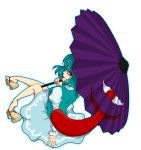  armkreuz blue_eyes blue_hair geta heterochromia karakasa_obake no_socks red_eyes sandals short_hair solo tatara_kogasa tongue touhou umbrella 