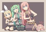  &gt;:( &gt;_&lt; 3girls :d :o aqua_eyes aqua_hair blonde_hair dual_persona hair_ornament hair_ribbon hairclip hatsune_miku kagamine_rin long_hair masuneko megurine_luka multiple_girls open_mouth pink_hair playing_games ribbon short_hair sitting skirt smile takoluka thighhighs twintails vocaloid xd 